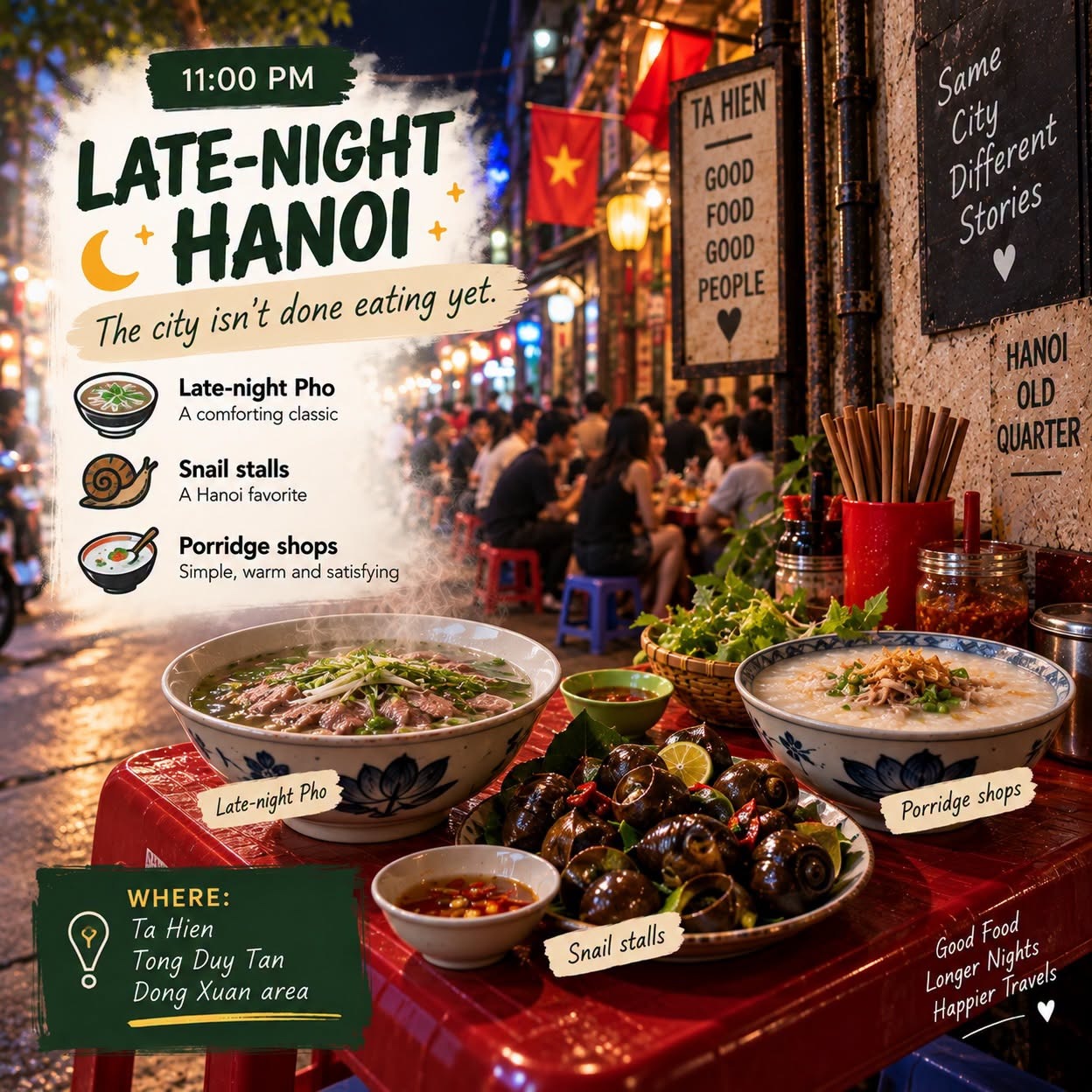 Hanoi food guide late night: pho, snails and porridge
