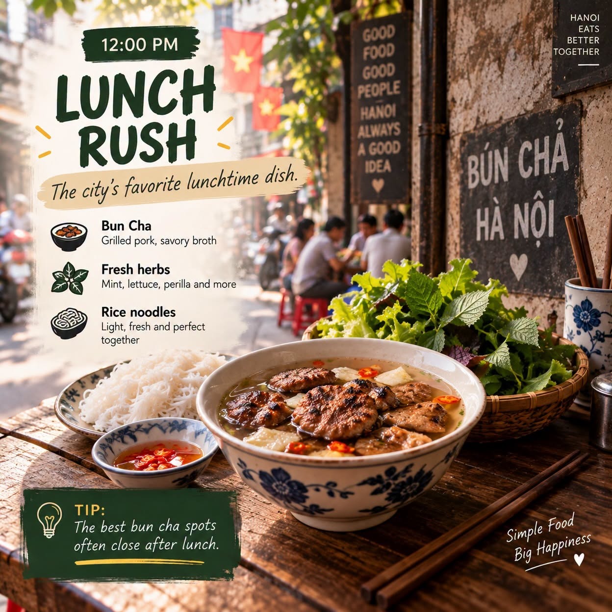 Hanoi food guide lunch rush: bun cha with herbs and rice noodles