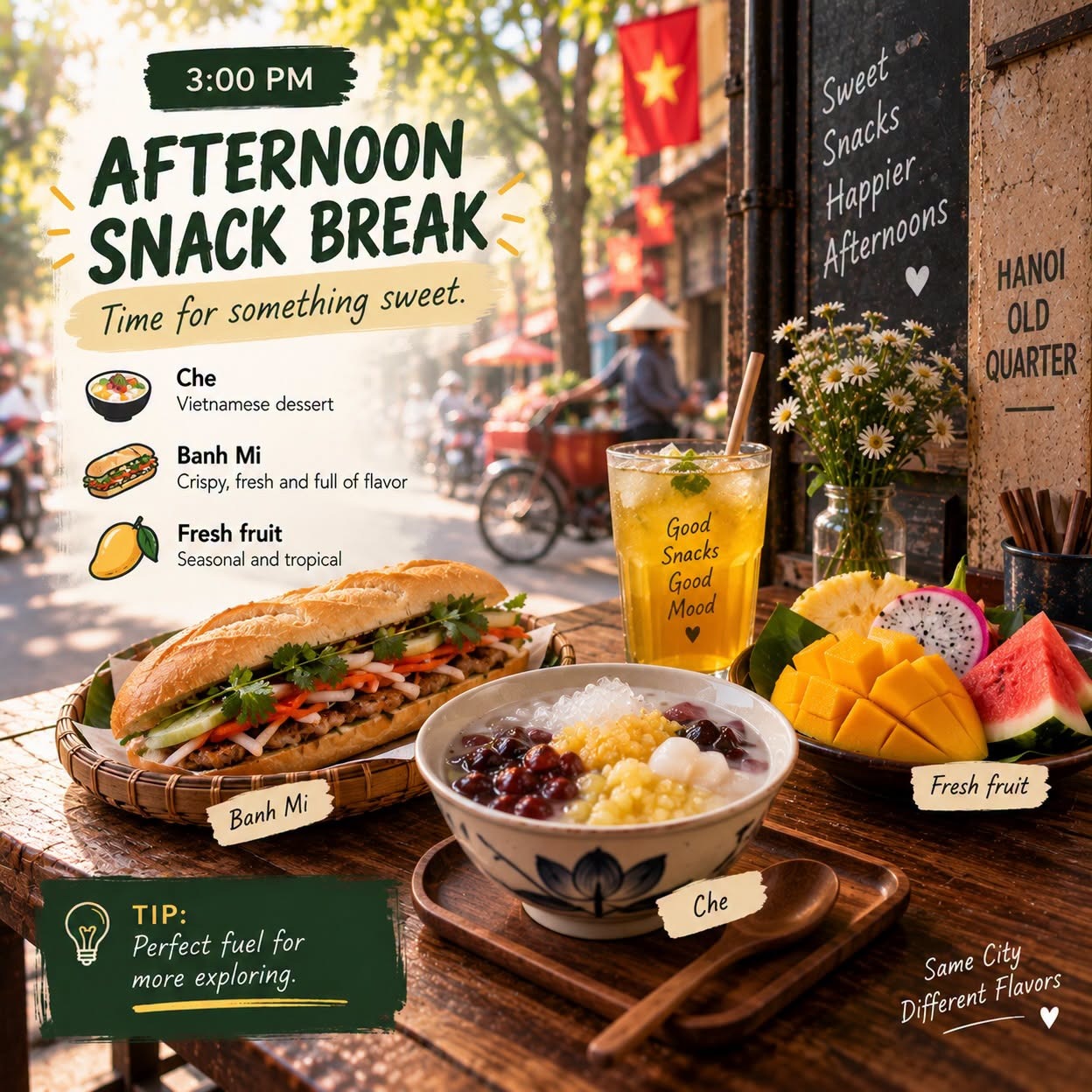 Hanoi food guide afternoon snack: che, banh mi and fresh fruit
