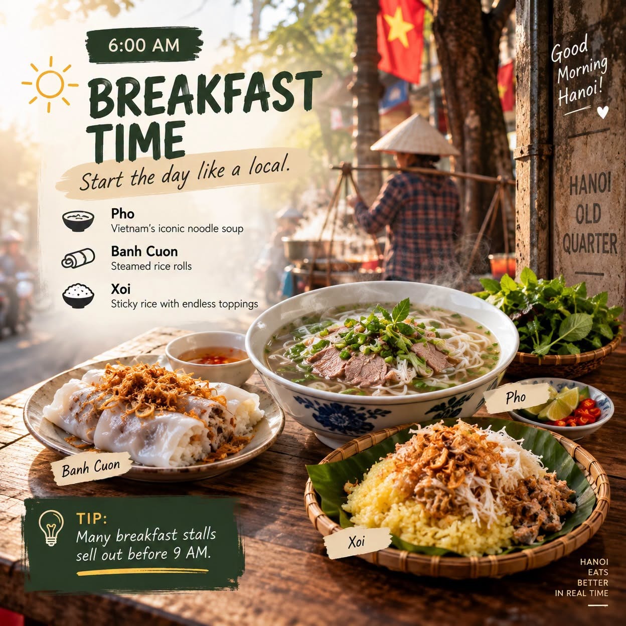Hanoi food guide at 6 AM: pho, banh cuon and sticky rice
