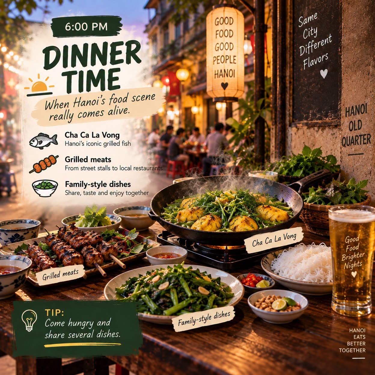 Hanoi food guide dinner time: cha ca La Vong and family-style dishes