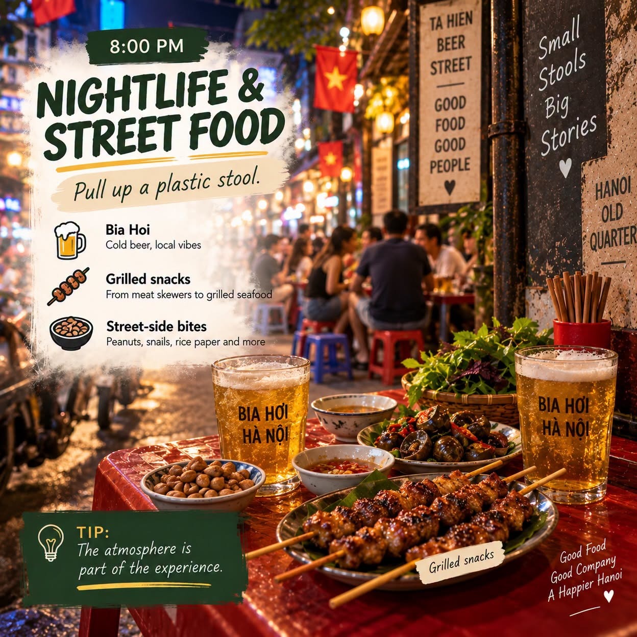 Hanoi food guide nightlife: bia hoi and street food on plastic stools