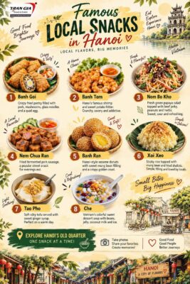Famous local snacks in Hanoi — banh goi, banh tom, nom bo kho, nem chua ran, banh ran, xoi xeo, tao pho and che