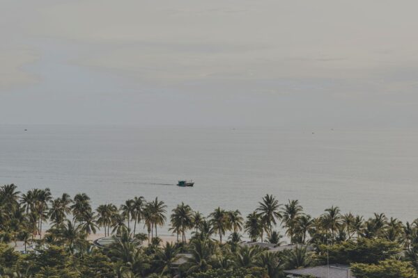 Serene panorama of palm-lined Phu Quoc beach with a distant boat on the calm sea. — photo: Van Trang Ho