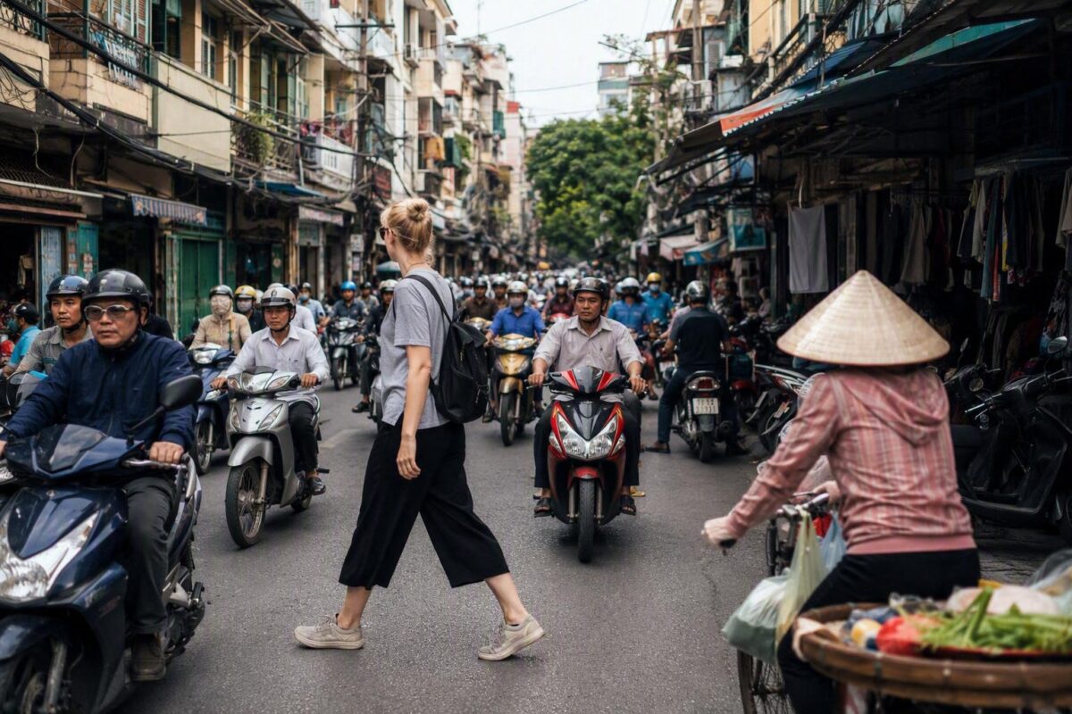 Hanoi street crossing — motorbikes in the Old Quarter as a visitor steps out steadily