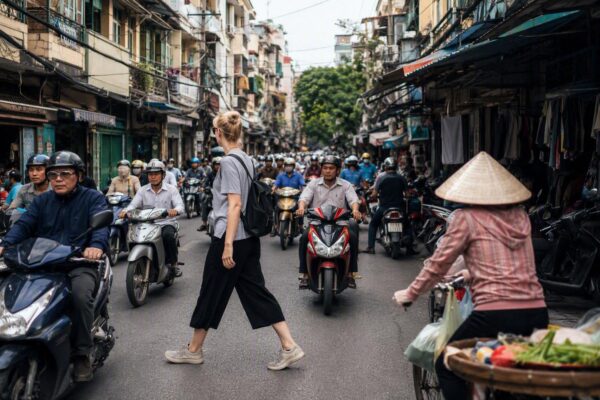 Hanoi street crossing — motorbikes in the Old Quarter as a visitor steps out steadily