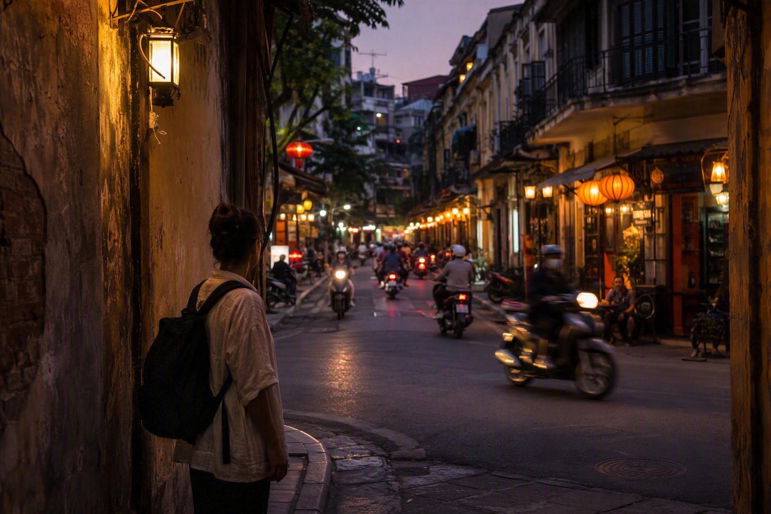Evening Hanoi street crossing near the Old Quarter